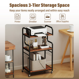 3-Tier Rolling Printer Stand with Storage Shelves & 10 Hooks and Locking Wheels-Rustic Brown view 7