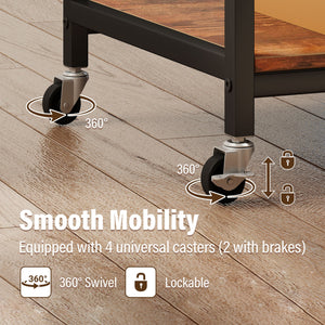 3-Tier Rolling Printer Stand with Storage Shelves & 10 Hooks and Locking Wheels-Rustic Brown view 8