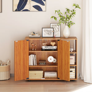 3-Tier Shoe Cabinet with Doors with Adjustable Open Shelves for Entryway-Natural view 6