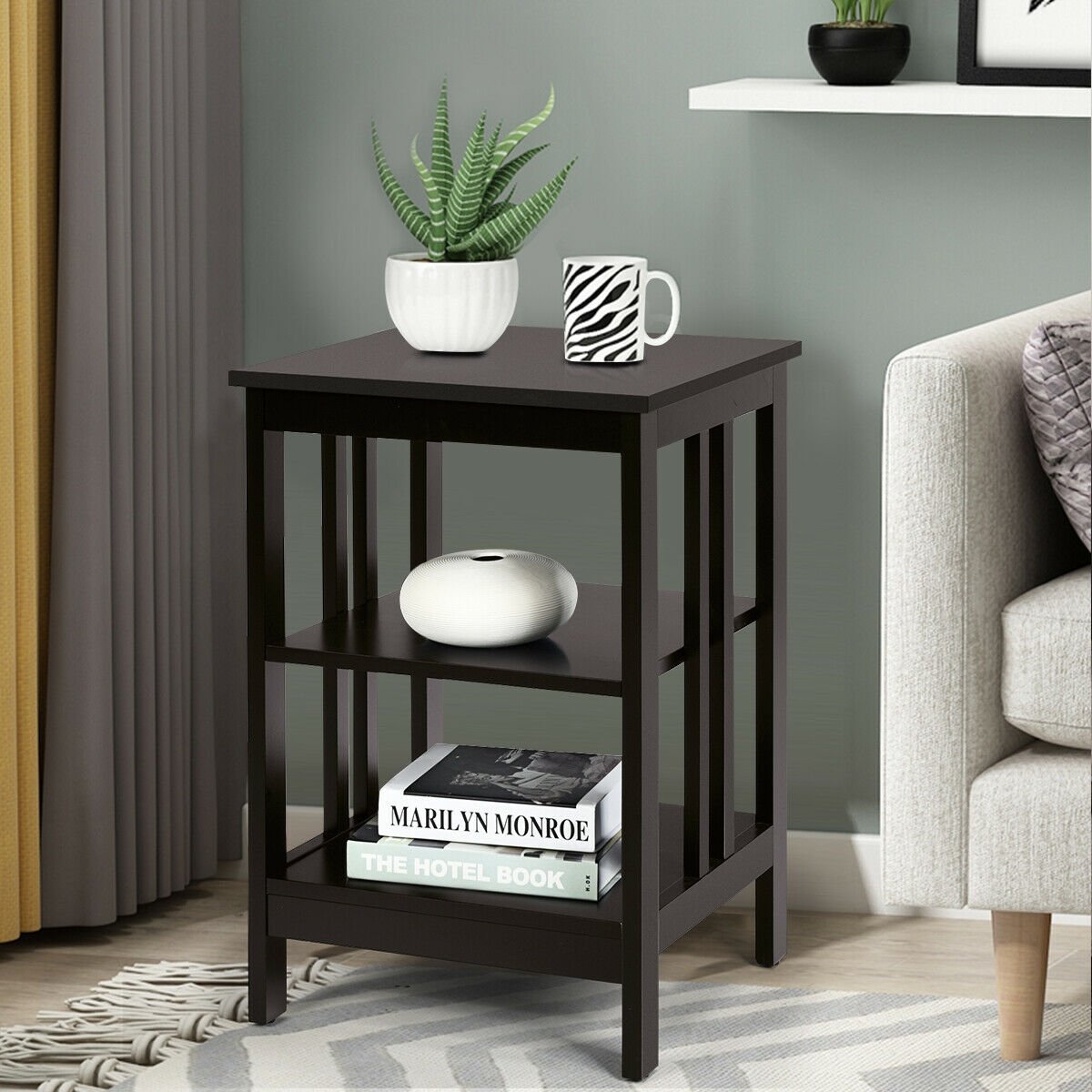 3-tier Side Table Nightstand with Stable Structure-Dark Brown view 2
