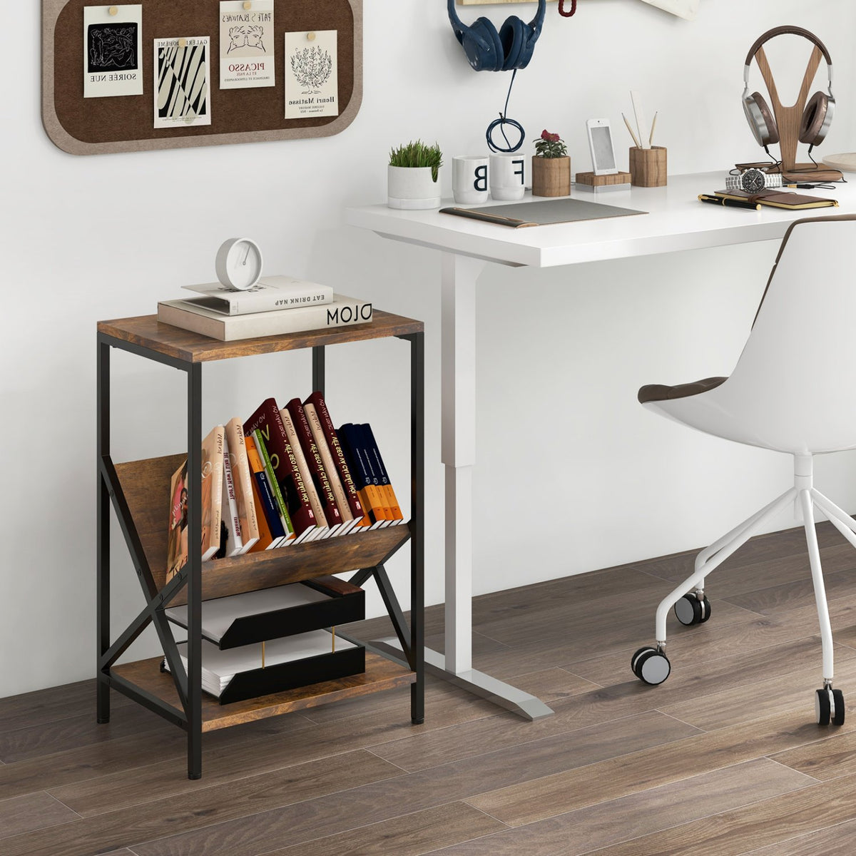 3-Tier Industrial Side Table with V-shaped Bookshelf for Living Room-Rustic Brown view 2
