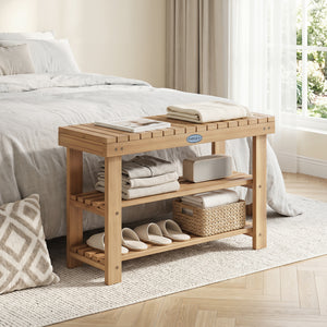 3-Tier Solid Wood Shoe Rack Bench with Slatted Shelves-M view 2
