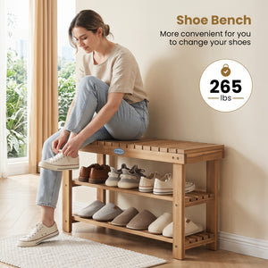 3-Tier Solid Wood Shoe Rack Bench with Slatted Shelves-M view 8