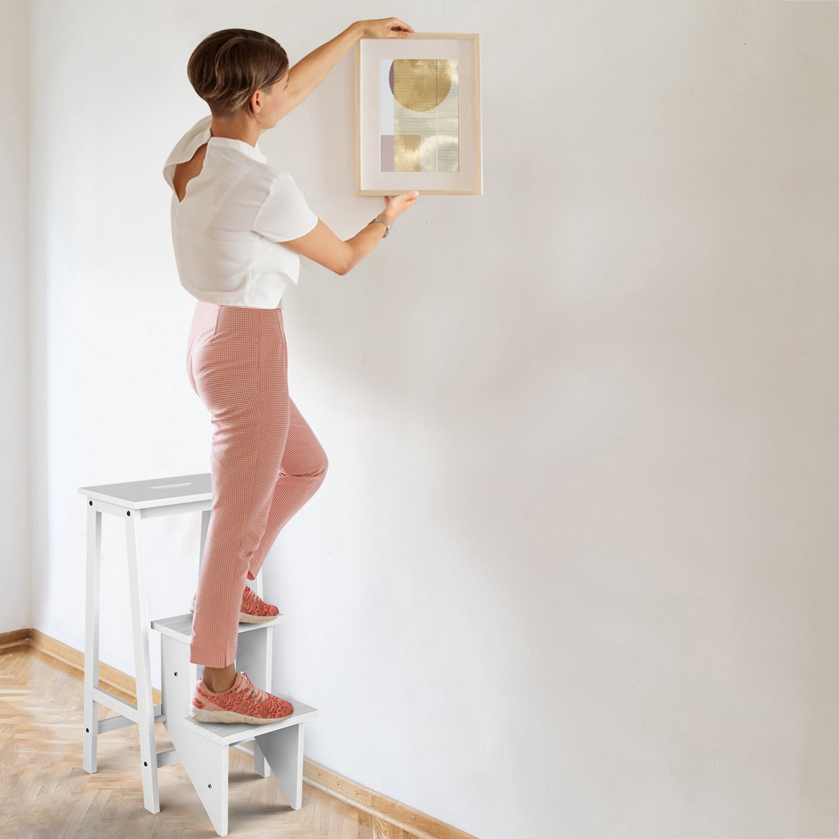 3-Tier Step Stool 3 in 1 Folding Ladder Bench-White view 2