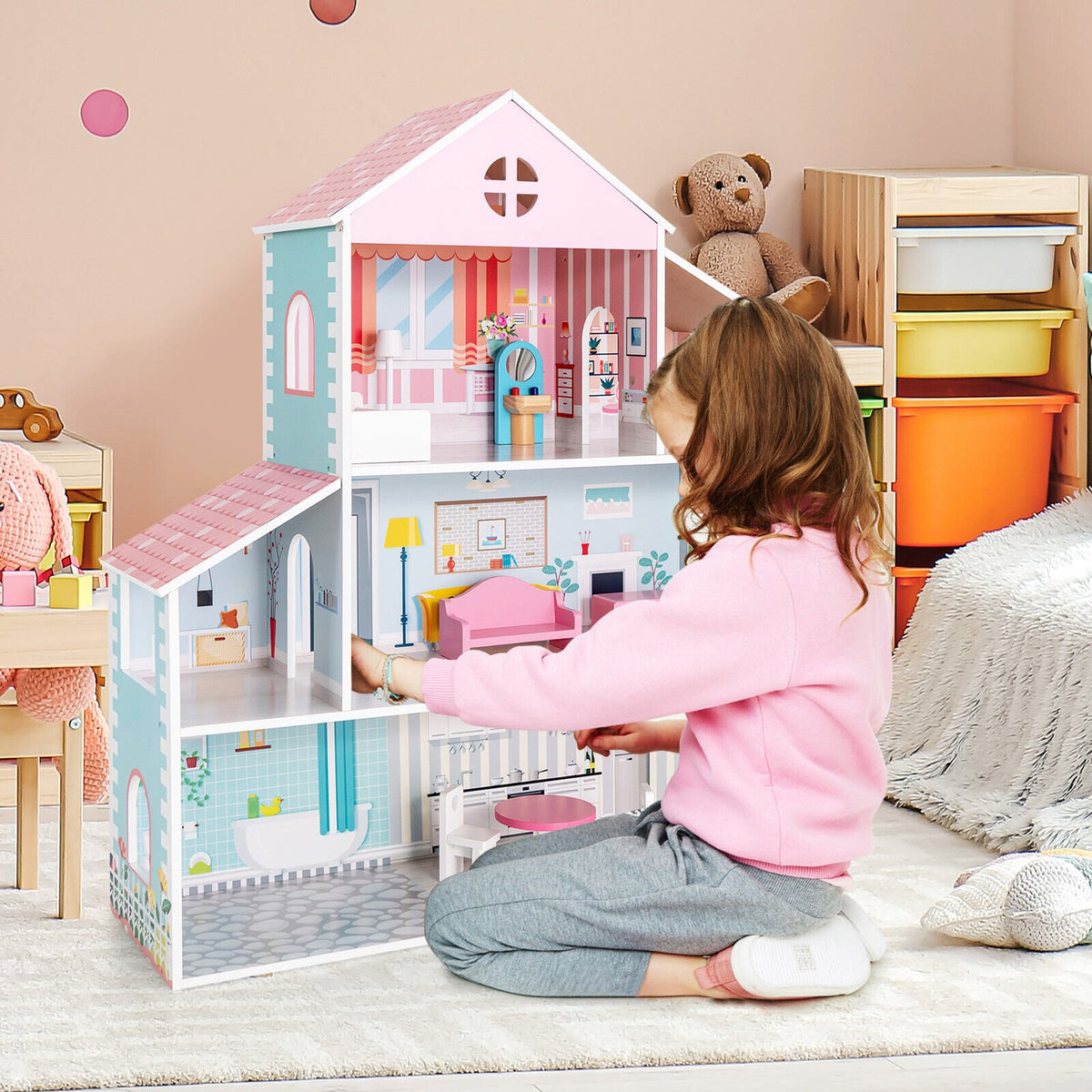 3-Tier Toddler Doll House with Furniture Gift for Age over 3 view 2