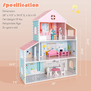 3-Tier Toddler Doll House with Furniture Gift for Age over 3 view 5