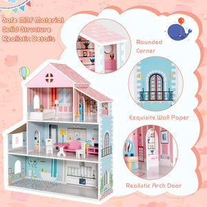 3-Tier Toddler Doll House with Furniture Gift for Age over 3 view 6