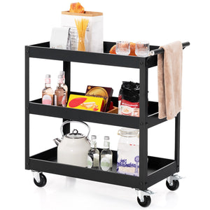 3-Tier Utility Cart Rolling Metal Cart with Handle and Universal Wheels-Black view 4