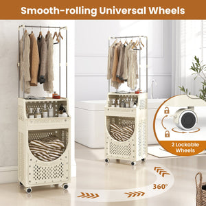 3-Tiers Laundry Cart Folding Hamper with Hanging Bar and 8 Hanging Hooks view 7
