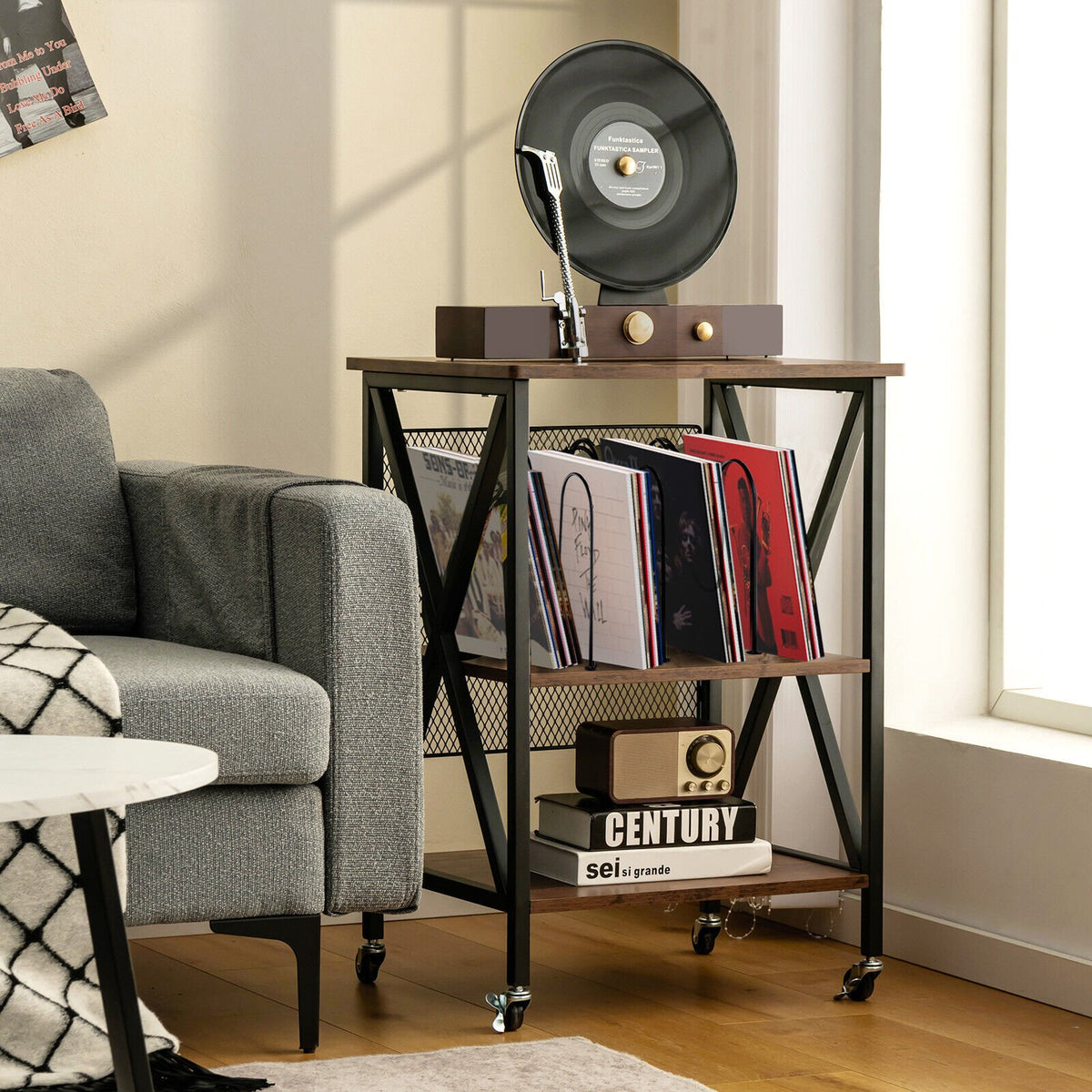 3 Tiers Vintage Style Rolling End Table with 3 Dividers for Albums-Brown view 2