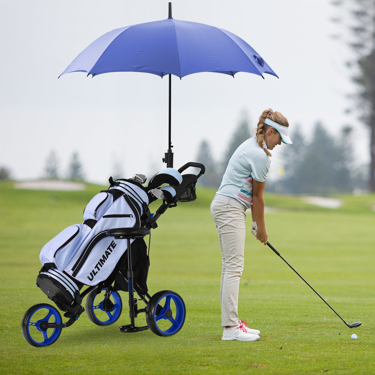 3 Wheels Folding Golf Push Cart with Seat Scoreboard and Adjustable Handle-Blue view 2