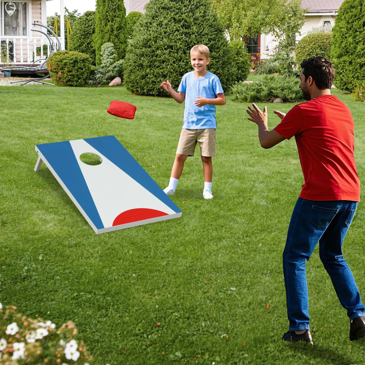 3 x 2FT Cornhole Board Set, Portable Cornhole Board with Foldable Legs and Side Handle-Blue view 2