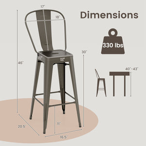 Set of 4 Bar Height Chairs Stackable Metal Bar Stools with Removable Backrest-Gun view 5