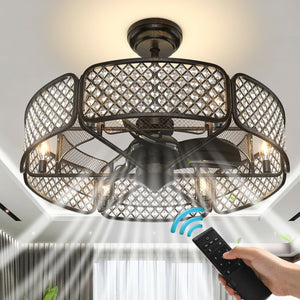 30 Inch Caged Ceiling Fan With Light Crystal Lampshade 6 Light Bases-Coffee view 6