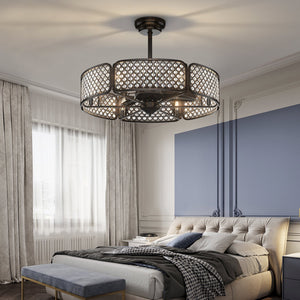 30 Inch Caged Ceiling Fan With Light Crystal Lampshade 6 Light Bases-Coffee view 7