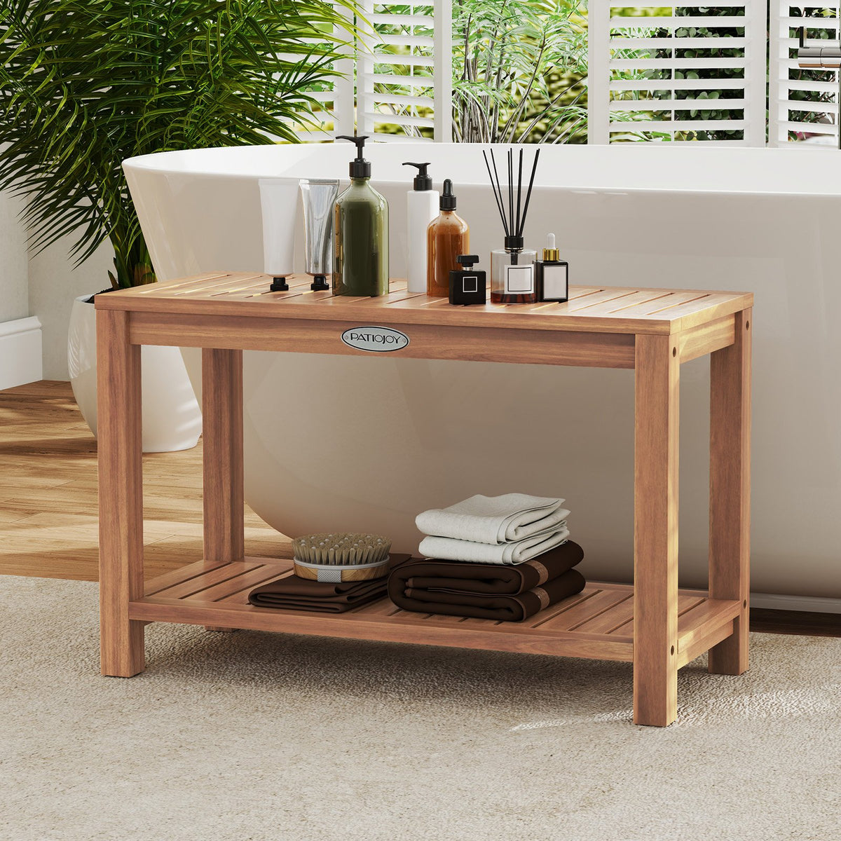 30 Inch Teak Wood Shower Bench Inside Shower Stool with Storage Shelf view 2
