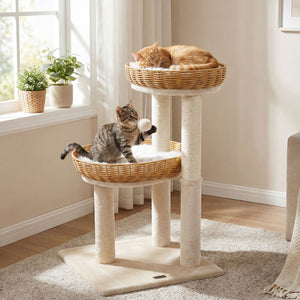 30-Inch Cat Tower with 2 Rattan Cat Baskets for Indoor Kittens-Beige view 2