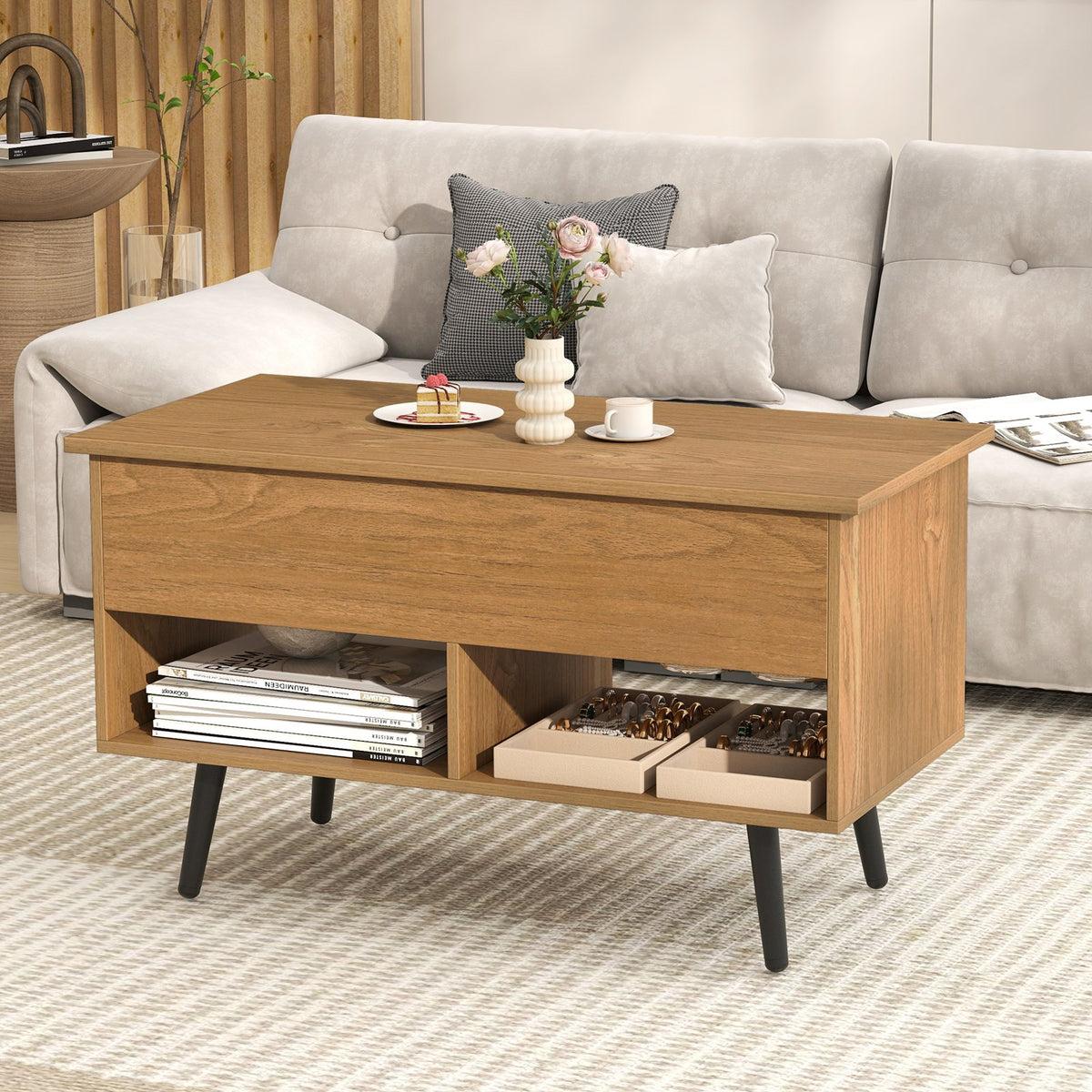 31.5 Inch Lift-Top Coffee Table with Hidden Storage and 2 Open Shelves-Natural view 2