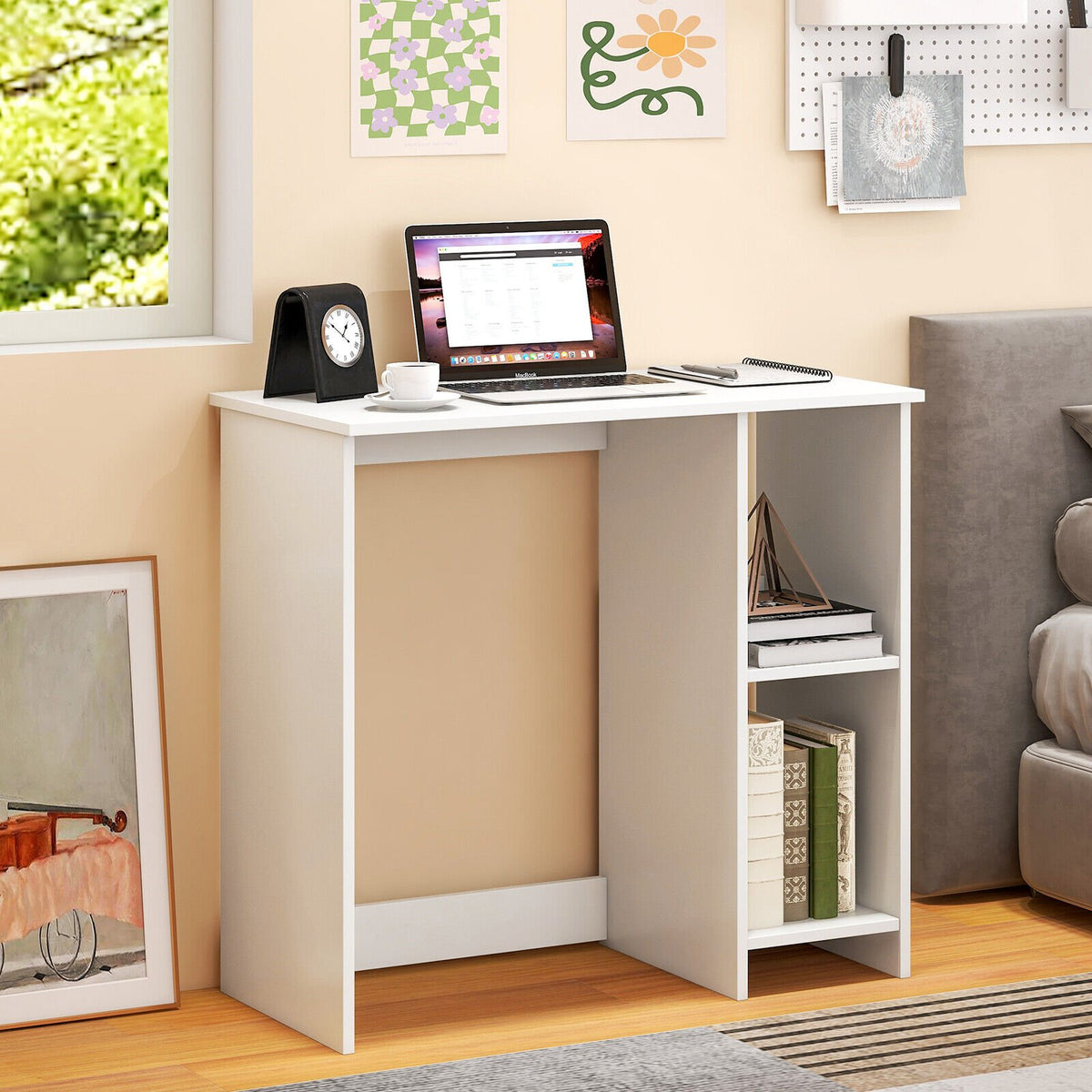31.5 Inch, Modern Home Office Desk with 2 Compartments-White view 2