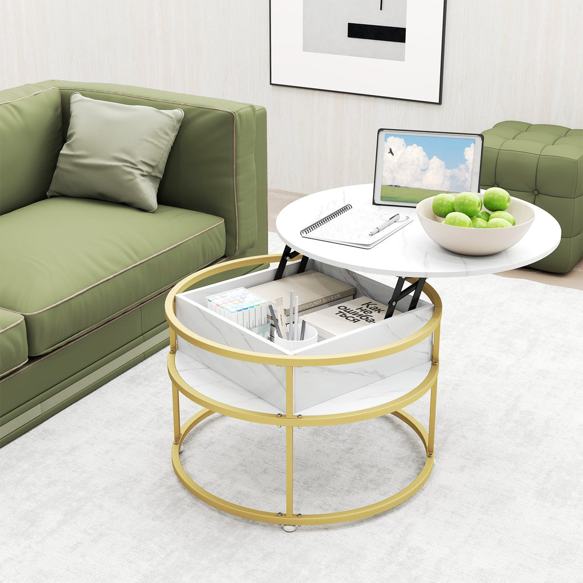 31.5 Inch Round Lift Top Coffee Table with Hidden Compartment and Side Shelves-White view 2