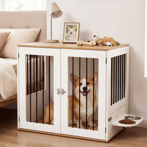 31.5” Dog Crate Furniture Wooden Dog Kennel with Double Lock Doors-White view 3