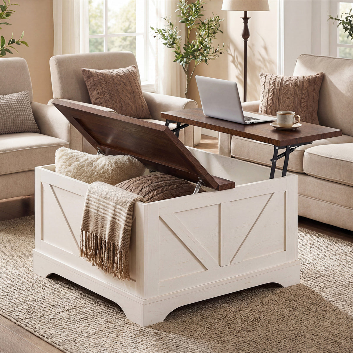 31.5 Inch Square Coffee Table with Lifting Tabletop and Hidden Compartment-Rustic Brown view 2