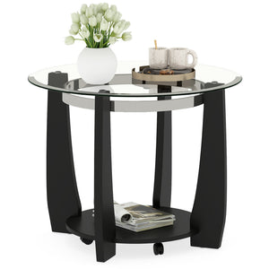 32 inches 2-Tier Glass Round Coffee Table with Storage Shelf-Black