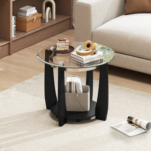 32 inches 2-Tier Glass Round Coffee Table with Storage Shelf-Black view 2