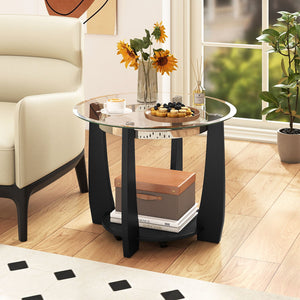 32 inches 2-Tier Glass Round Coffee Table with Storage Shelf-Black view 6