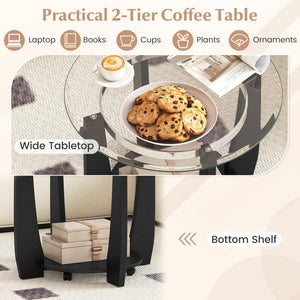 32 inches 2-Tier Glass Round Coffee Table with Storage Shelf-Black view 8