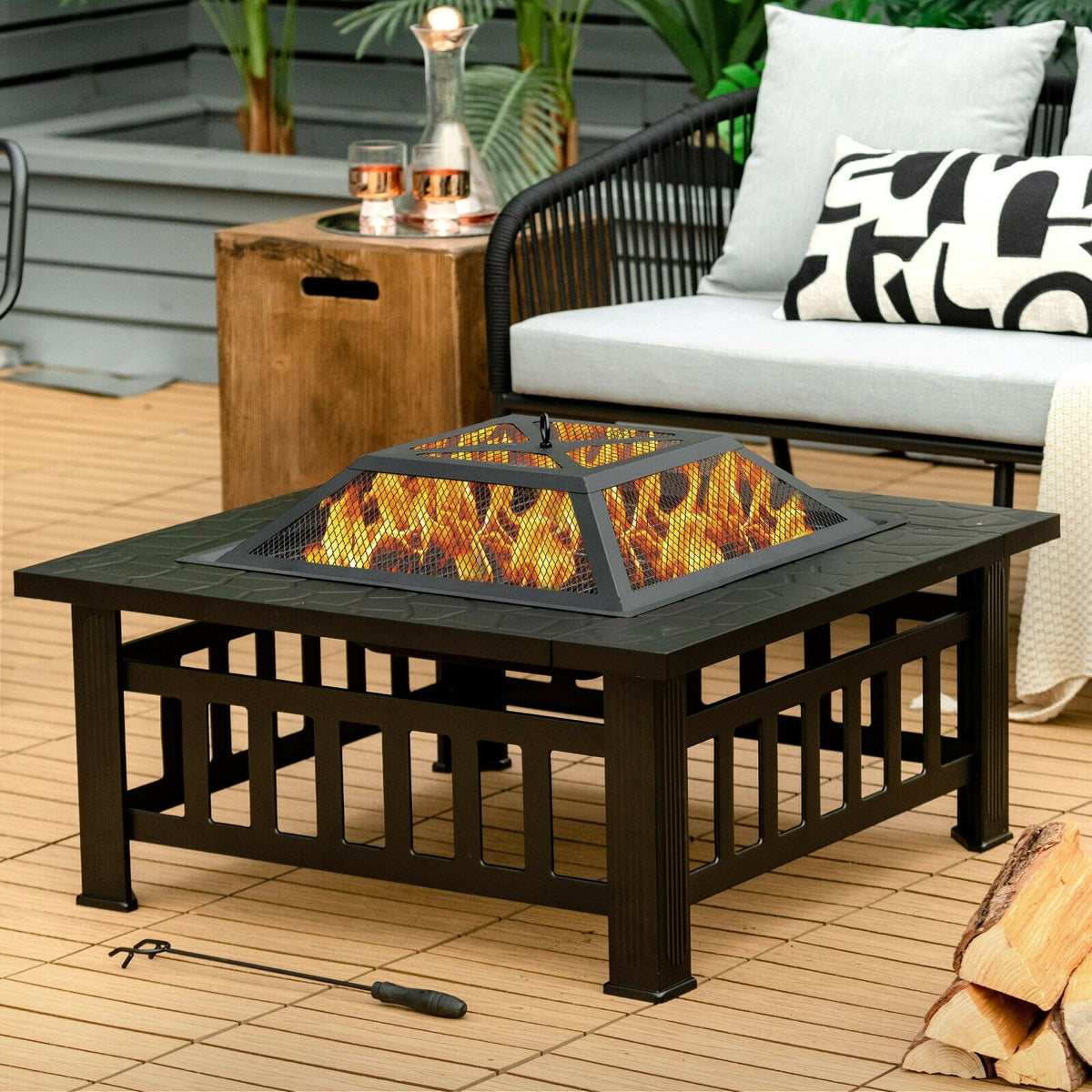 32 Inch 3 in 1 Outdoor Square Fire Pit Table with BBQ Grill and Rain Cover for Camping view 2