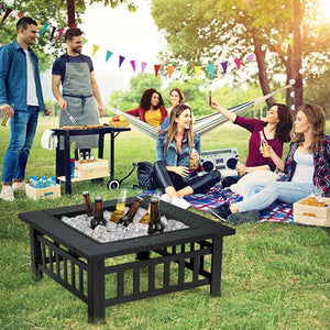 32 Inch 3 in 1 Outdoor Square Fire Pit Table with BBQ Grill and Rain Cover for Camping view 7