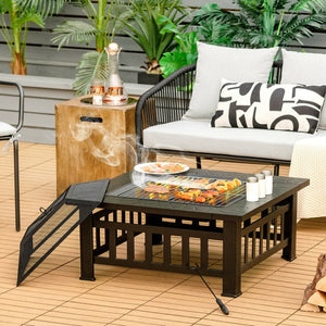 32 Inch 3 in 1 Outdoor Square Fire Pit Table with BBQ Grill and Rain Cover for Camping view 8