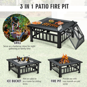 32 Inch 3 in 1 Outdoor Square Fire Pit Table with BBQ Grill and Rain Cover for Camping view 9