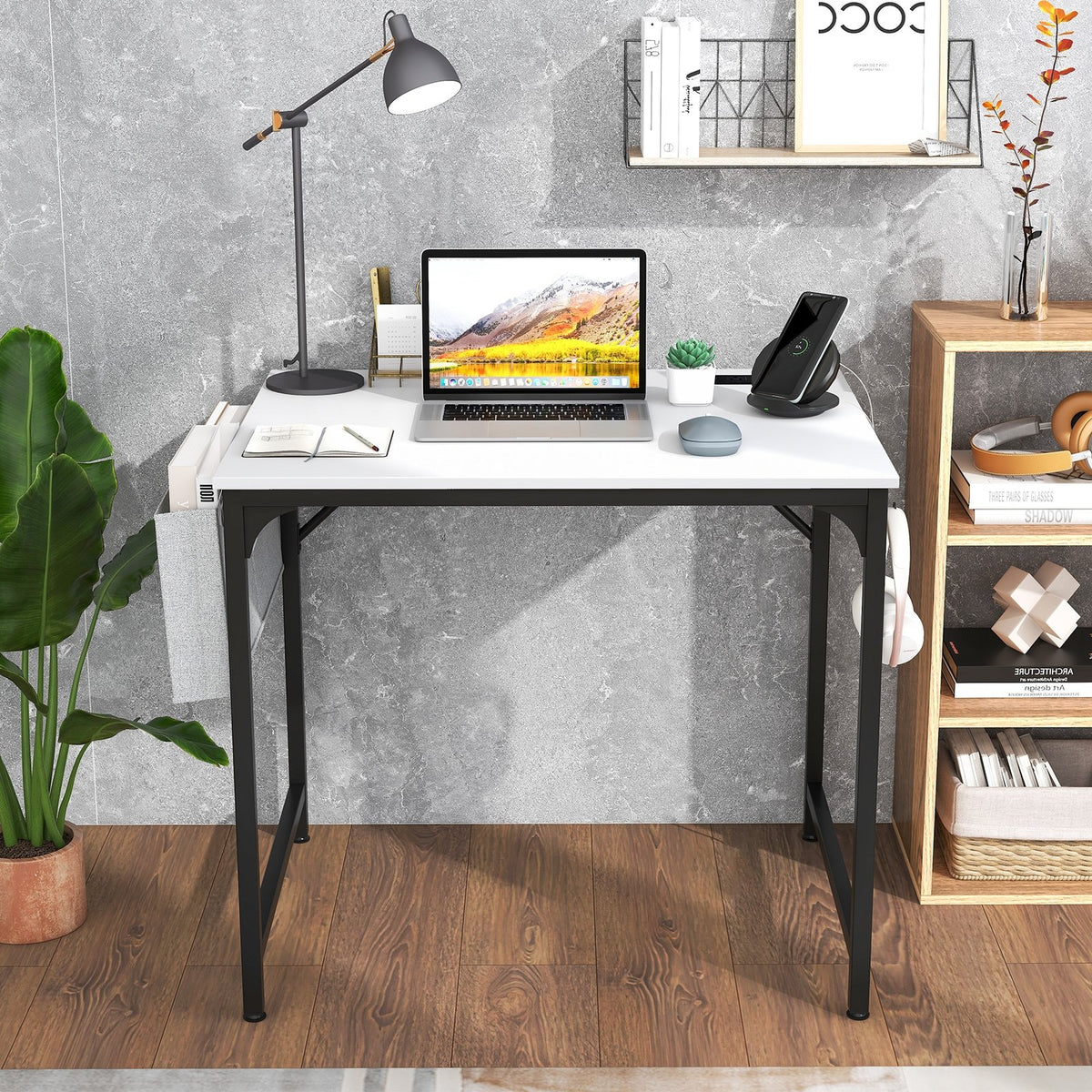 32 Inch Computer Desk Small Home Office Desk with Charging Station-White view 2