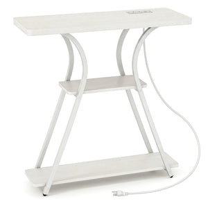 32 Inch Narrow Long Entryway Table with Power Outlets and LED Lights-Oak