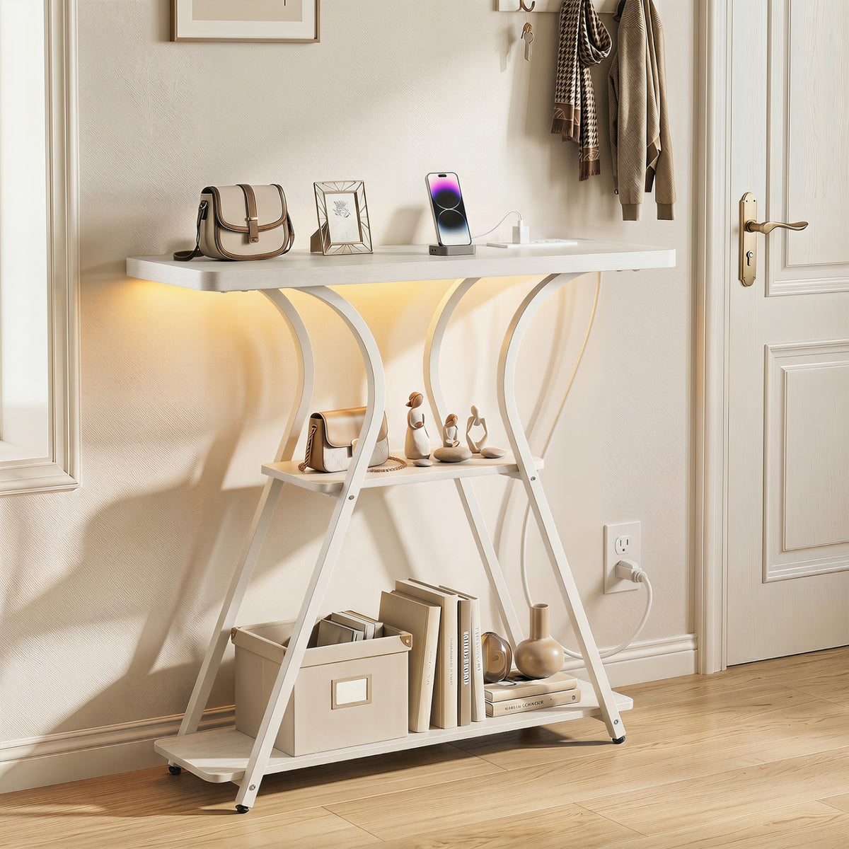 32 Inch Narrow Long Entryway Table with Power Outlets and LED Lights-Oak view 2