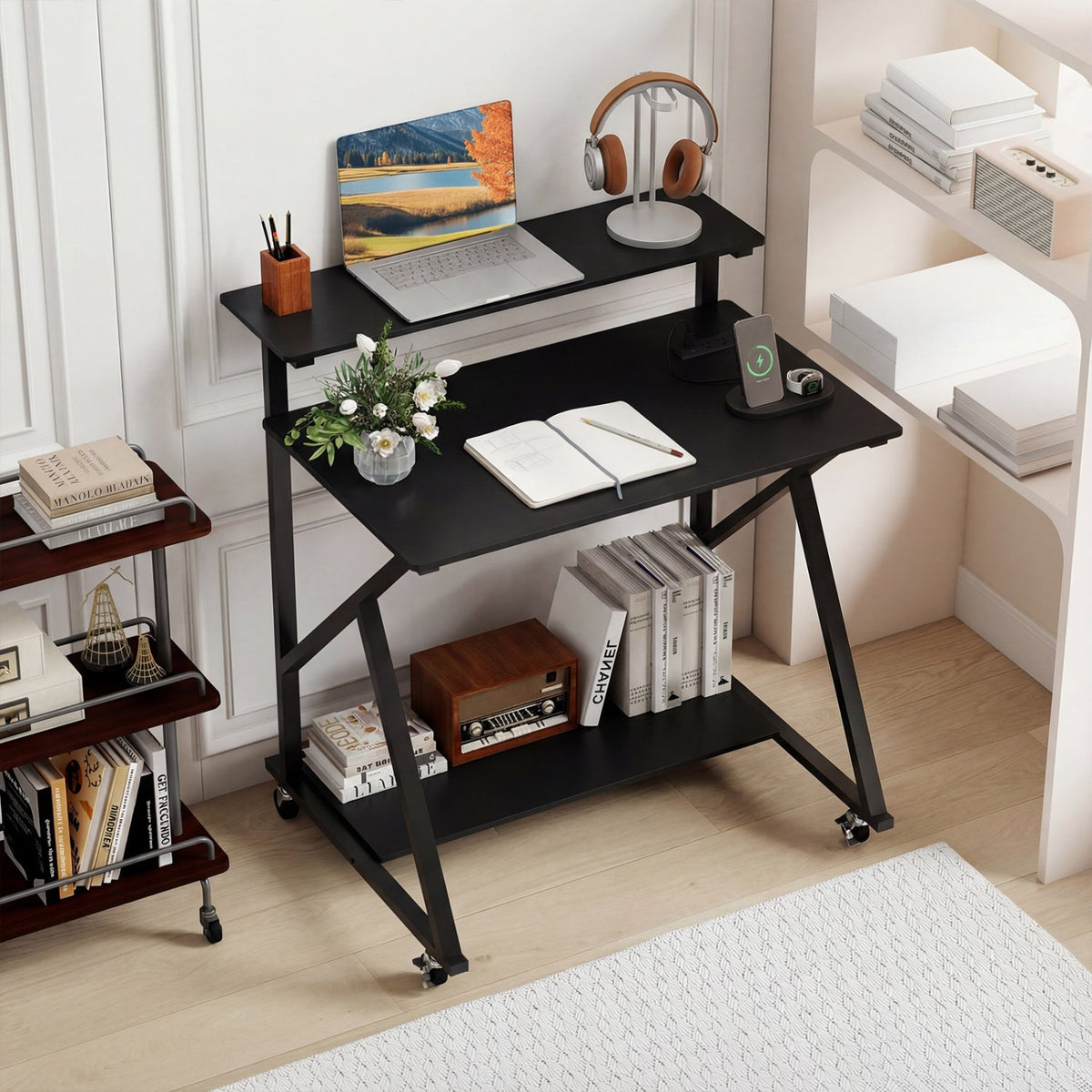 32 Inch Rolling Computer Desk for Small Spaces with Power Outlets-Black view 2