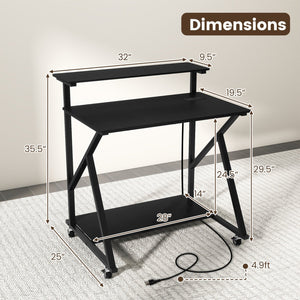 32 Inch Rolling Computer Desk for Small Spaces with Power Outlets-Black view 5