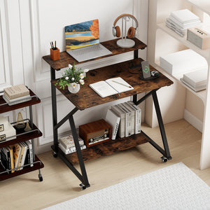 32 Inch Rolling Computer Desk for Small Spaces with Power Outlets-Rustic Brown view 3