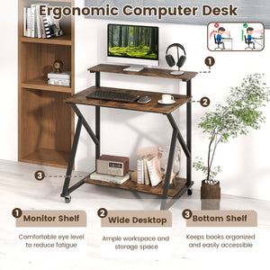 32 Inch Rolling Computer Desk for Small Spaces with Power Outlets-Rustic Brown view 9