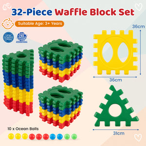 32-Piece Oversized Waffle Block Set with 10 Ocean Balls Easy-to-Use Grid Building Toys view 5