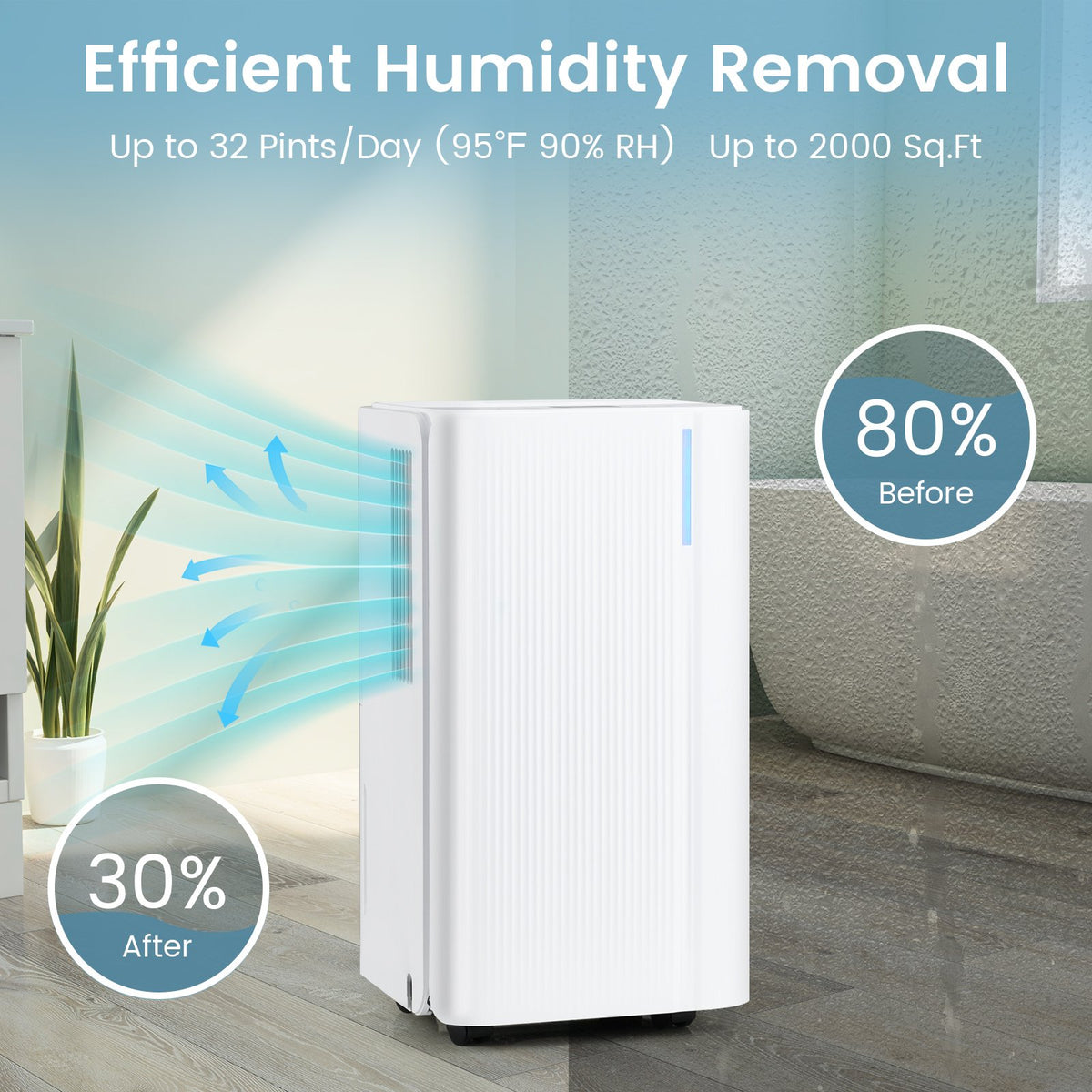 32 Pints 2000 Sq.ft Portable Dehumidifier for Home and Basement-White view 2