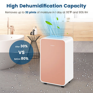 32 Pints/Day Portable Quiet Dehumidifier for Rooms up to 2500 Sq. Ft-Pink view 2