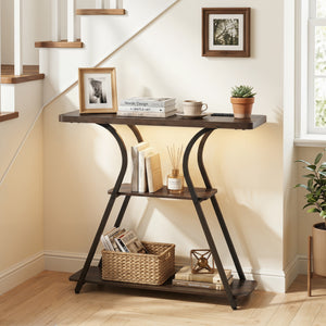 32 Inch Narrow Long Entryway Table with Power Outlets and LED Lights-Brown view 2
