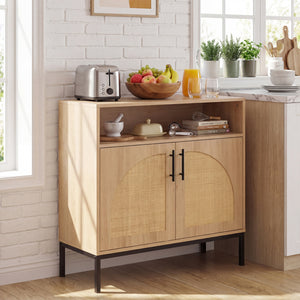 32 inches Sideboard Buffet Cabinet with 2 Natural Rattan Decorated Doors and Adjustable Shelf-Natural view 2