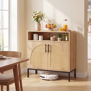 32 inches Sideboard Buffet Cabinet with 2 Natural Rattan Decorated Doors and Adjustable Shelf-Natural view 3