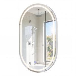 32x20 inches Oval LED Bathroom Mirror with Front & Backlight 3 Colors Stepless Dimming-Silver
