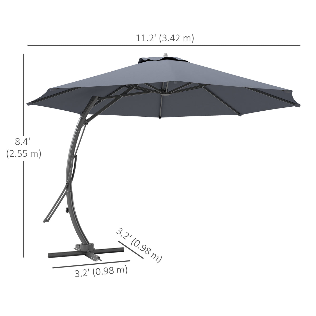 11FT Patio Umbrella, Cantilever Umbrella with 8 Ribs, 360° Rotation, Easy Adjustment for Garden, Deck, UPF 50+, Grey