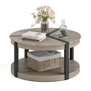 34.5 inches Rubber Wood 2-Tier Round Center Table with Spacious Tabletop and Storage Shelf-Gray view 4